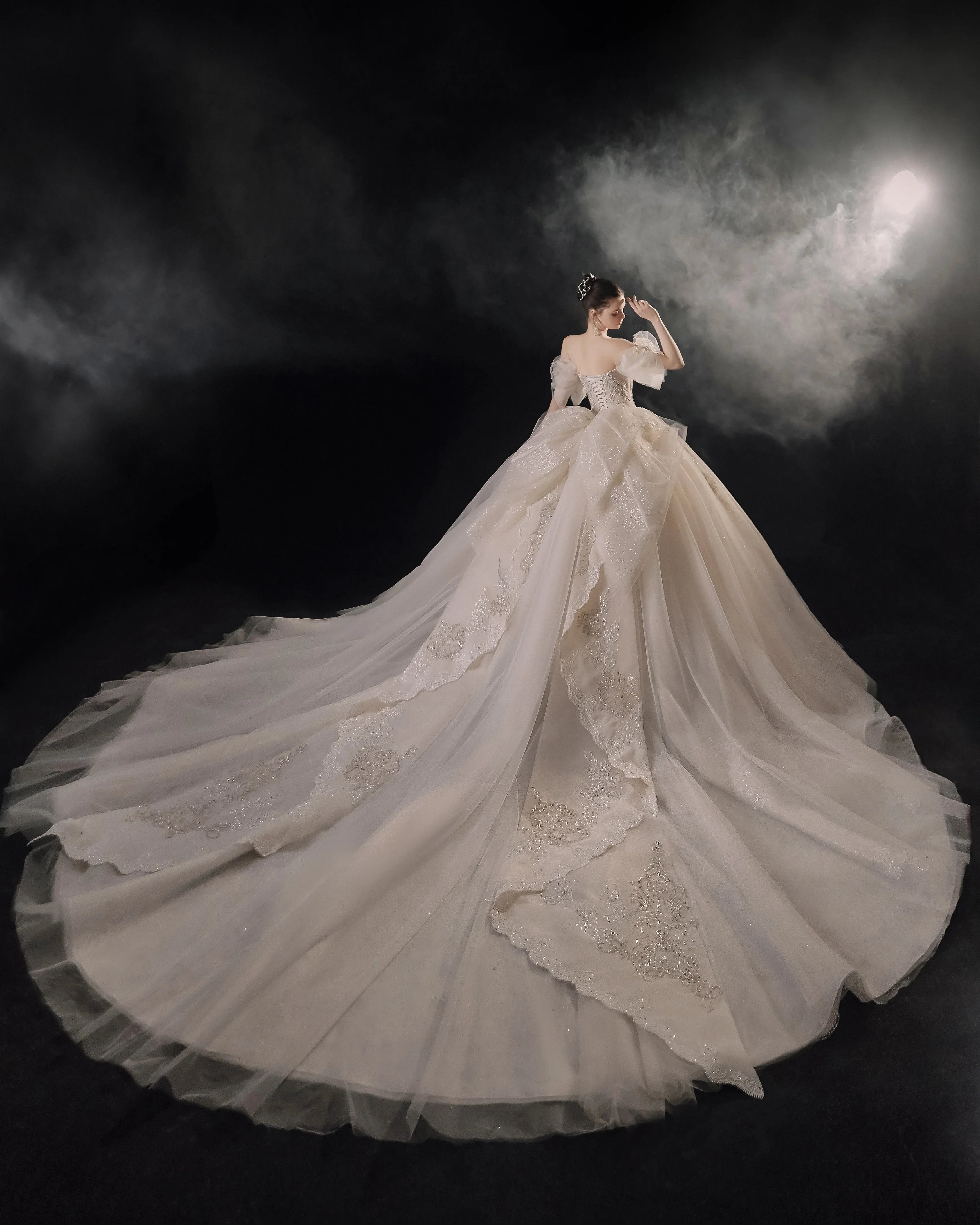 Elegant Off-the-Shoulder Ball Gown Sweetheart Neckline Tulle Puff Sleeve Beaded Lace Wedding Dress with Scalloped Train E-306 by ZAPDRESS