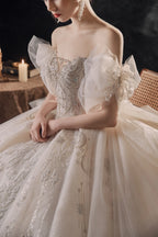 Elegant Off-the-Shoulder Ball Gown Sweetheart Neckline Tulle Puff Sleeve Beaded Lace Wedding Dress with Scalloped Train E-306 by ZAPDRESS