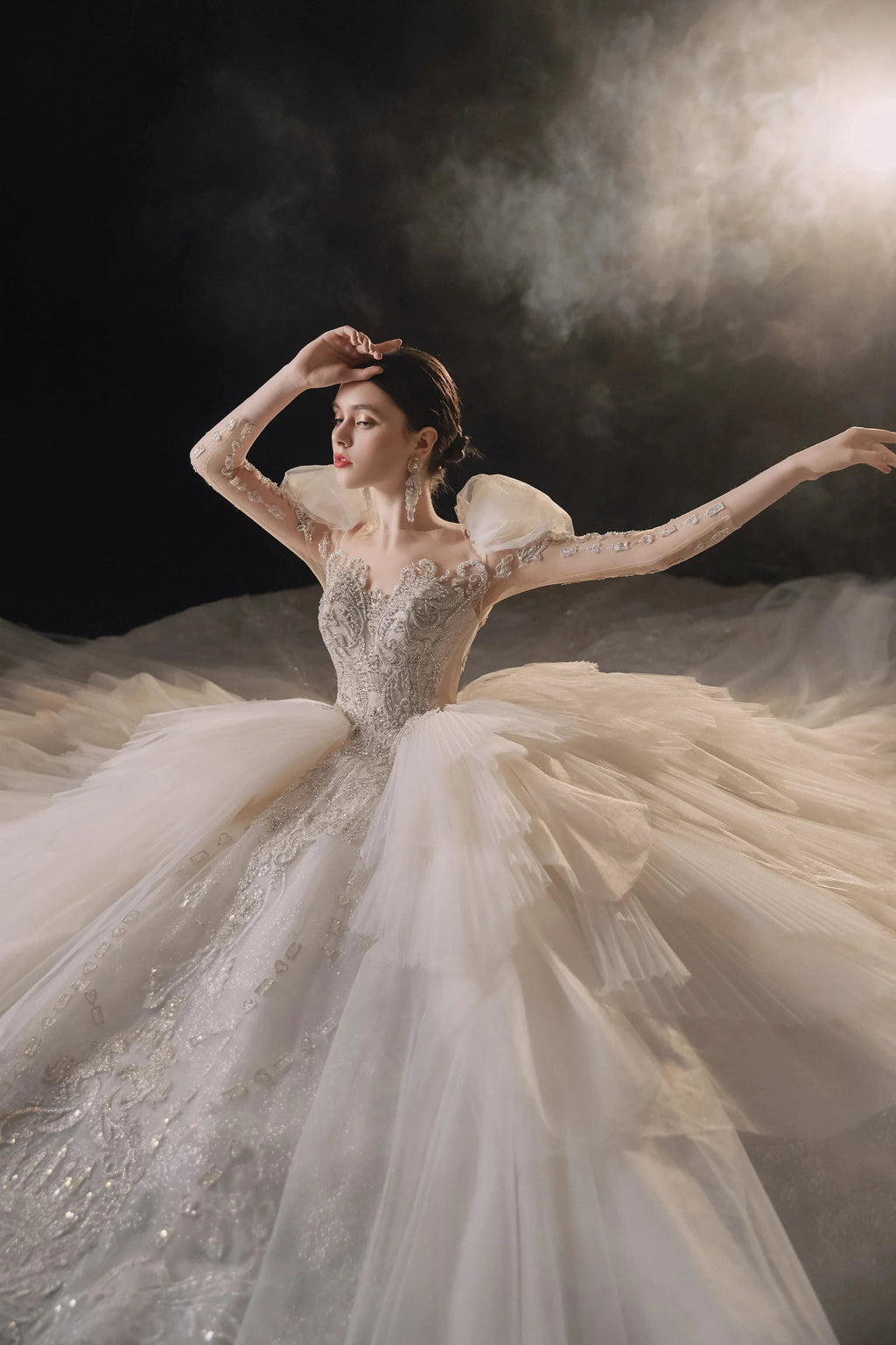 Magnificent Off-the-Shoulder Ball Gown Sweetheart Neckline Tulle Puff Sleeve Beaded Lace Long-Sleeve Wedding Dress with Layered Train E-301 by ZAPDRESS