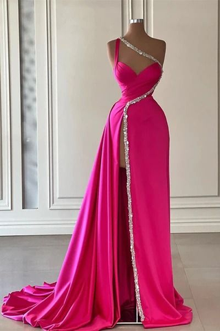 Hermoso vestido de fiesta largo de satén con cuentas y un solo hombro, vestido de noche con abertura Y7692