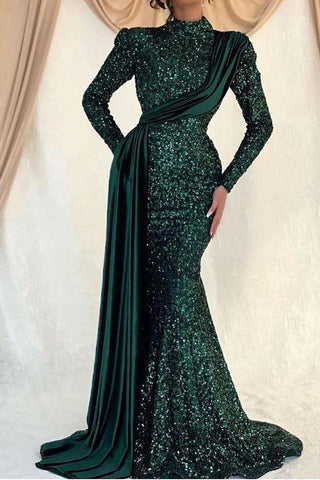 Hochgeschlossenes, langärmliges, paillettenbesetztes Meerjungfrauen-Ballkleid mit Rüschen