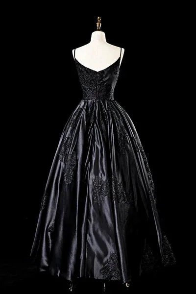Sexy Satin Spaghetti Strap Black Wedding Gown A Line Party Evening Dress Formal Prom Dress Y7545 by simplepromdress