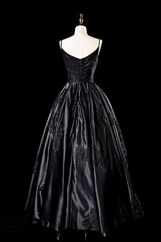 Vestido de novia negro sexy de satén con tirantes finos, corte A, para fiesta de noche, vestido formal de graduación Y7545