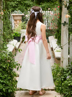 Ivory Satin Flower Girl Ball Gown with Sash Bow | Ankle-Length Tulle Dress (0… - photo 5