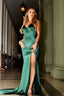 Vestido de fiesta de noche de sirena de satén con escote en V largo verde oscuro y abertura