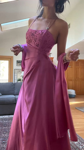 Wunderschönes rosa A-Linie Perlenbesetztes Ballkleid Langes Abendkleid Y7532