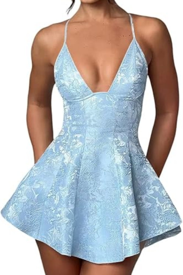 Short A-line Halter Backless Homecoming Dress Satin Ruffle Jacquard Party Dresses Hover Image