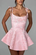A-line Short Homecoming Dress Spaghetti Straps Satin Sleeveless Party Dress Jacquard Party Dresses by Biztunnel