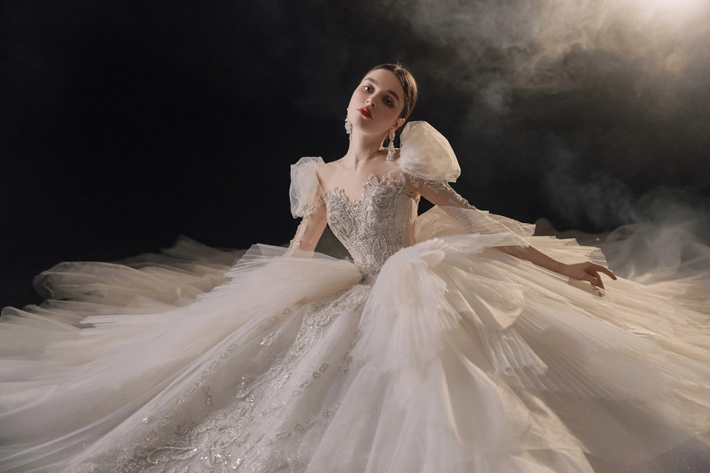 Magnificent Off-the-Shoulder Ball Gown Sweetheart Neckline Tulle Puff Sleeve Beaded Lace Long-Sleeve Wedding Dress with Layered Train E-301 by ZAPDRESS
