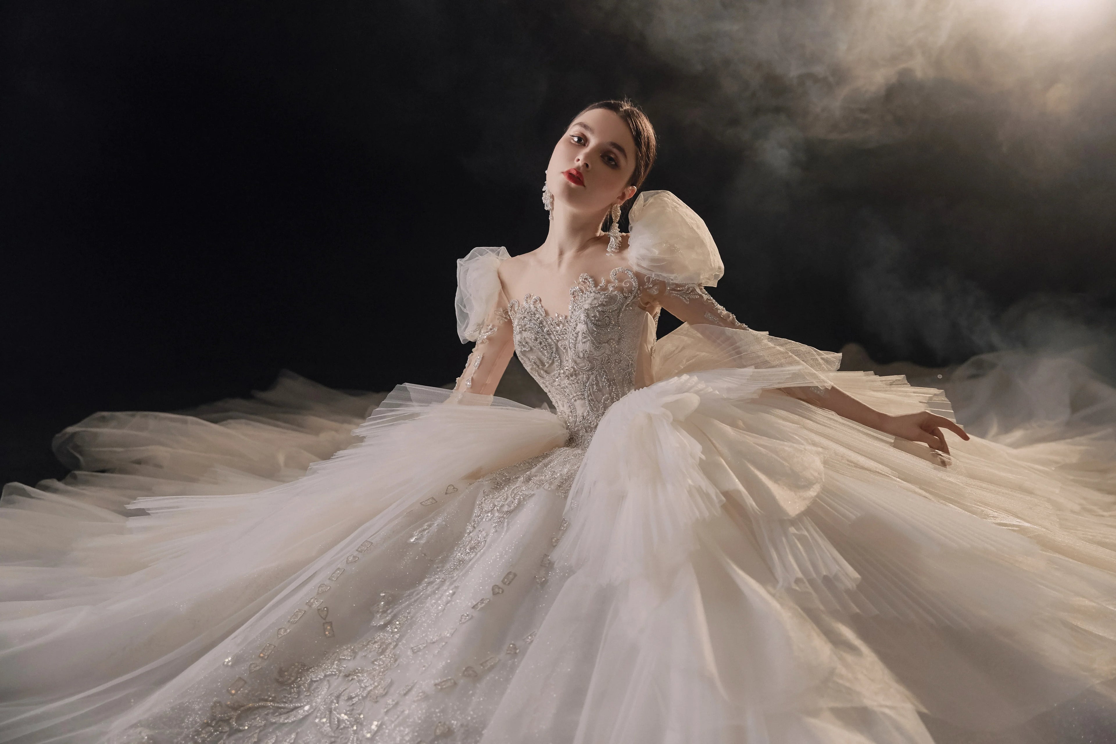 Magnificent Off-the-Shoulder Ball Gown Sweetheart Neckline Tulle Puff Sleeve Beaded Lace Long-Sleeve Wedding Dress with Layered Train E-301 by ZAPDRESS
