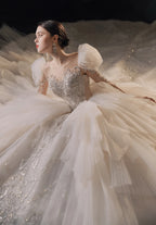 Magnificent Off-the-Shoulder Ball Gown Sweetheart Neckline Tulle Puff Sleeve Beaded Lace Long-Sleeve Wedding Dress with Layered Train E-301 by ZAPDRESS