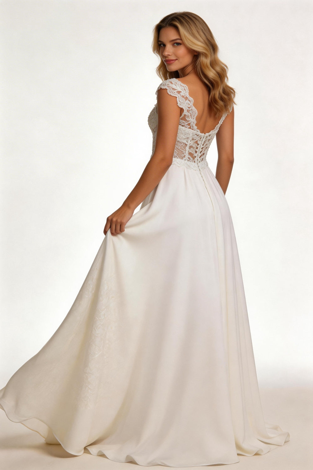 #001 Modern V-Neck Wedding Dresses Lace Appliques Chiffon Backless Boho A-Line Bride Gown Backless Sweep Train Vestido de novia by payinti
