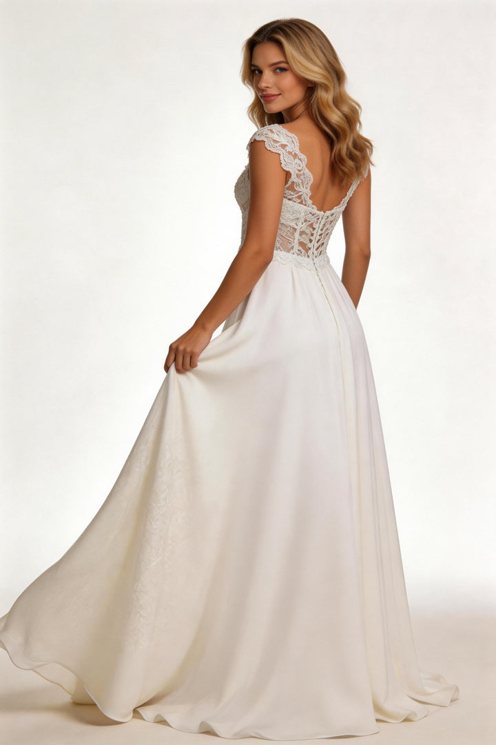 #001 Modern V-Neck Wedding Dresses Lace Appliques Chiffon Backless Boho A-Line Bride Gown Backless Sweep Train Vestido de novia by payinti