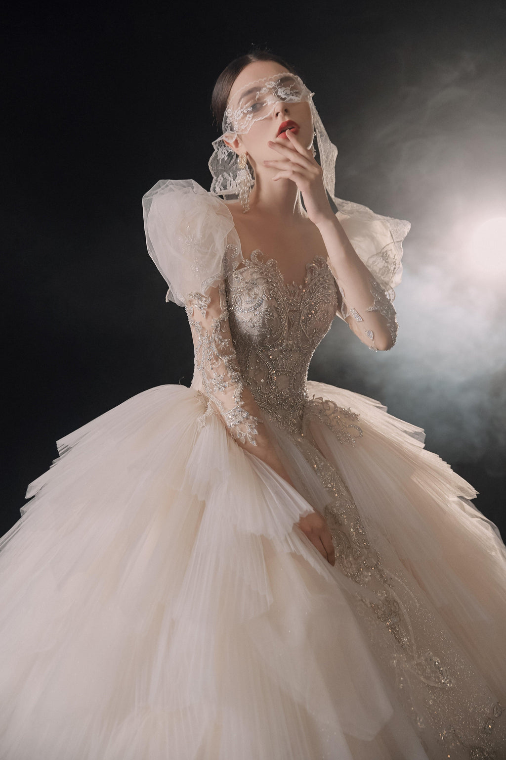 Magnificent Off-the-Shoulder Ball Gown Sweetheart Neckline Tulle Puff Sleeve Beaded Lace Long-Sleeve Wedding Dress with Layered Train E-301 by ZAPDRESS