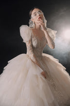 Magnificent Off-the-Shoulder Ball Gown Sweetheart Neckline Tulle Puff Sleeve Beaded Lace Long-Sleeve Wedding Dress with Layered Train E-301 by ZAPDRESS