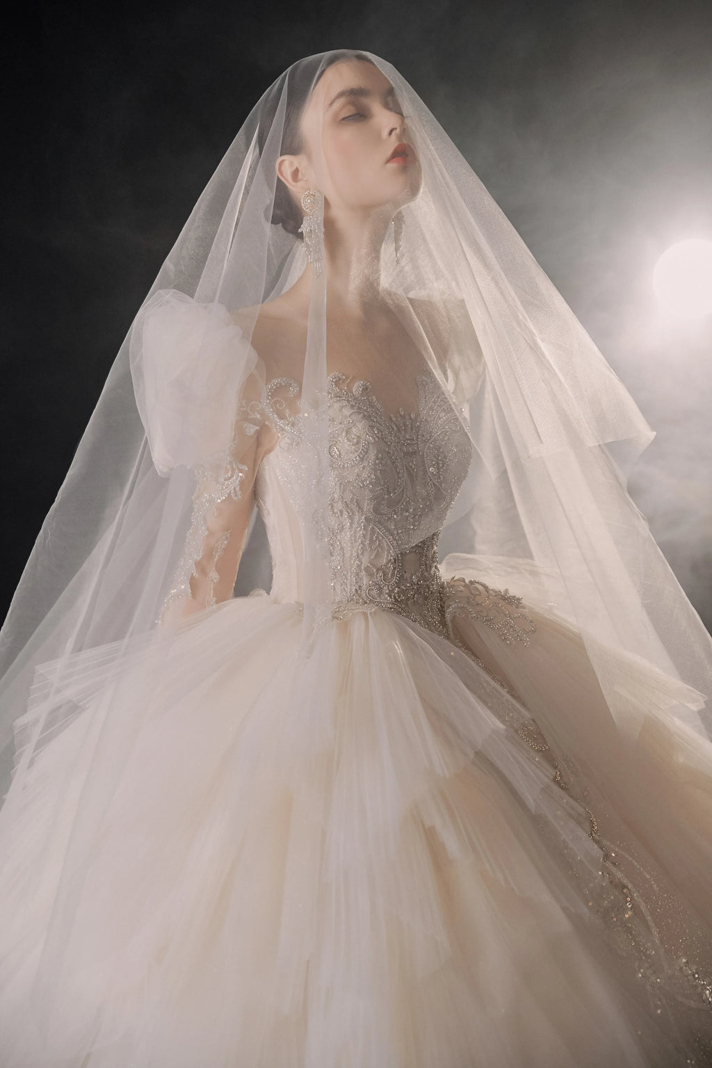 Magnificent Off-the-Shoulder Ball Gown Sweetheart Neckline Tulle Puff Sleeve Beaded Lace Long-Sleeve Wedding Dress with Layered Train E-301 by ZAPDRESS