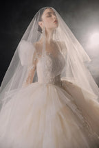 Magnificent Off-the-Shoulder Ball Gown Sweetheart Neckline Tulle Puff Sleeve Beaded Lace Long-Sleeve Wedding Dress with Layered Train E-301 by ZAPDRESS