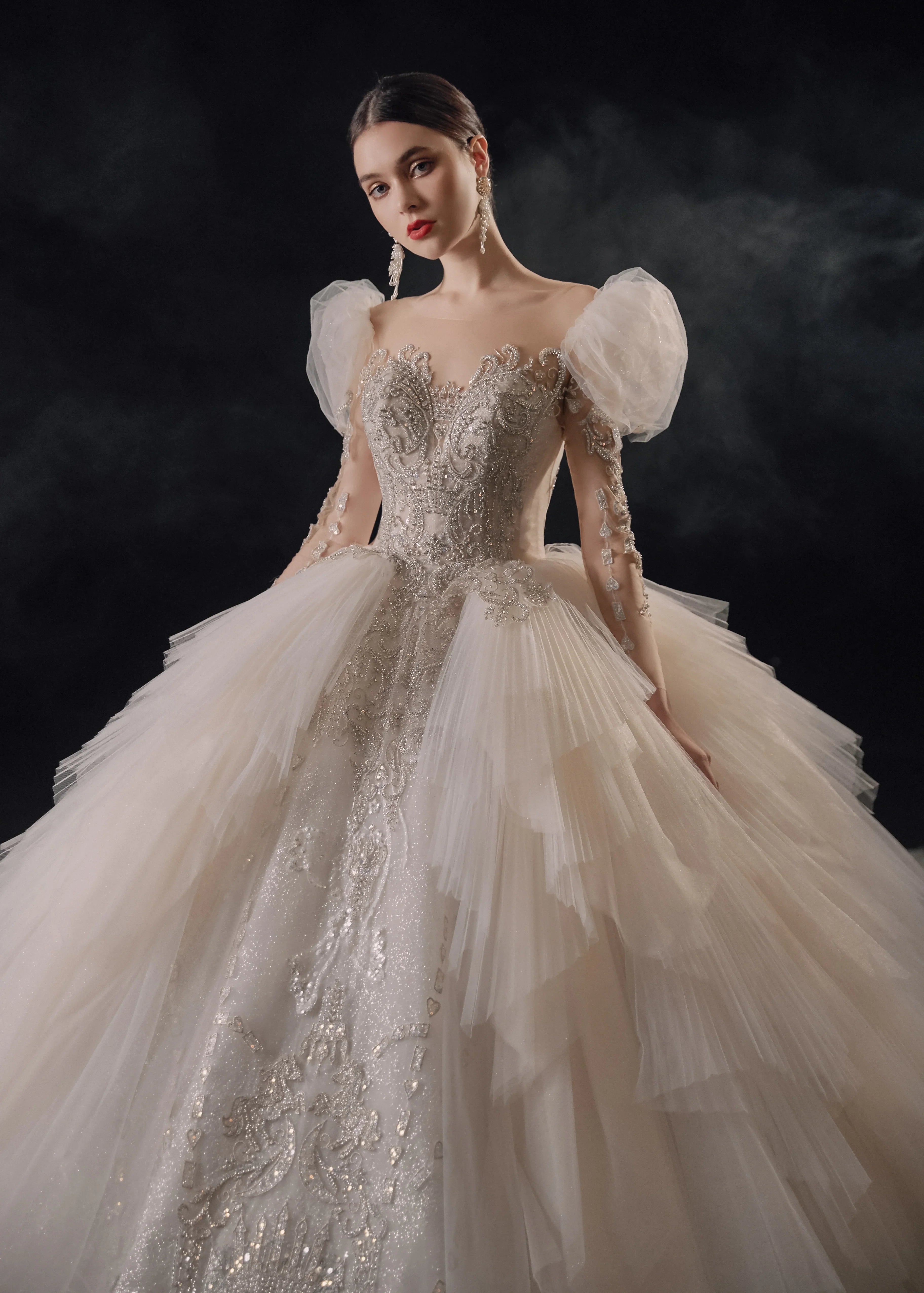Magnificent Off-the-Shoulder Ball Gown Sweetheart Neckline Tulle Puff Sleeve Beaded Lace Long-Sleeve Wedding Dress with Layered Train E-301 by ZAPDRESS
