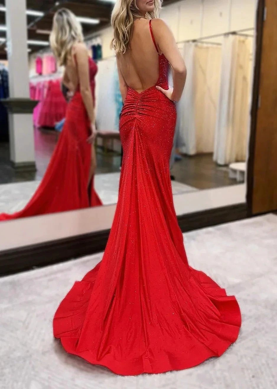 Royal Blue Beaded V Neck Mermaid Long Prom Dresses with Slit by KissProm