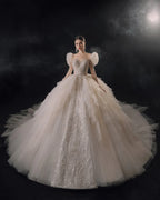 Magnificent Off-the-Shoulder Ball Gown Sweetheart Neckline Tulle Puff Sleeve Beaded Lace Long-Sleeve Wedding Dress with Layered Train E-301 by ZAPDRESS