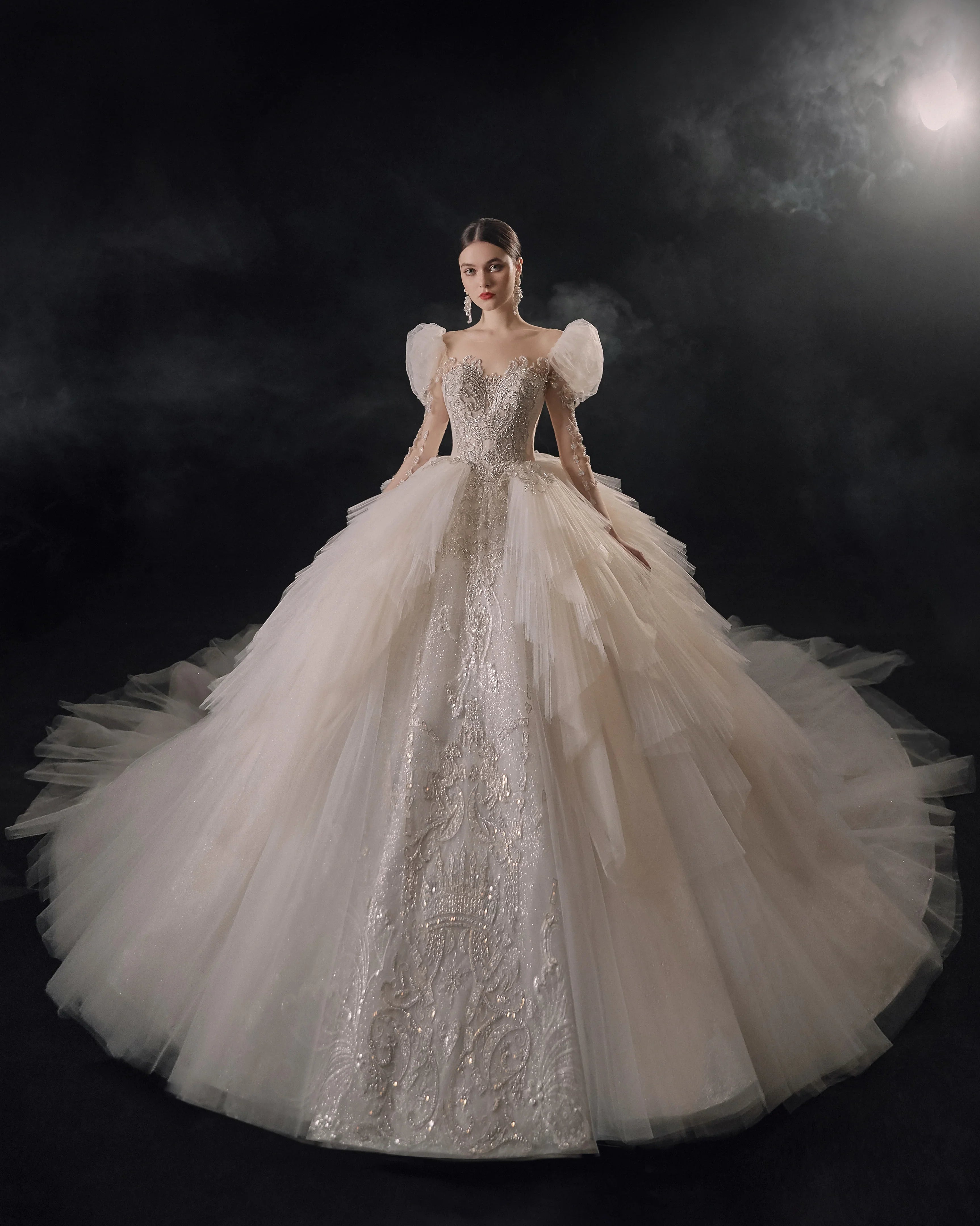 Magnificent Off-the-Shoulder Ball Gown Sweetheart Neckline Tulle Puff Sleeve Beaded Lace Long-Sleeve Wedding Dress with Layered Train E-301 by ZAPDRESS
