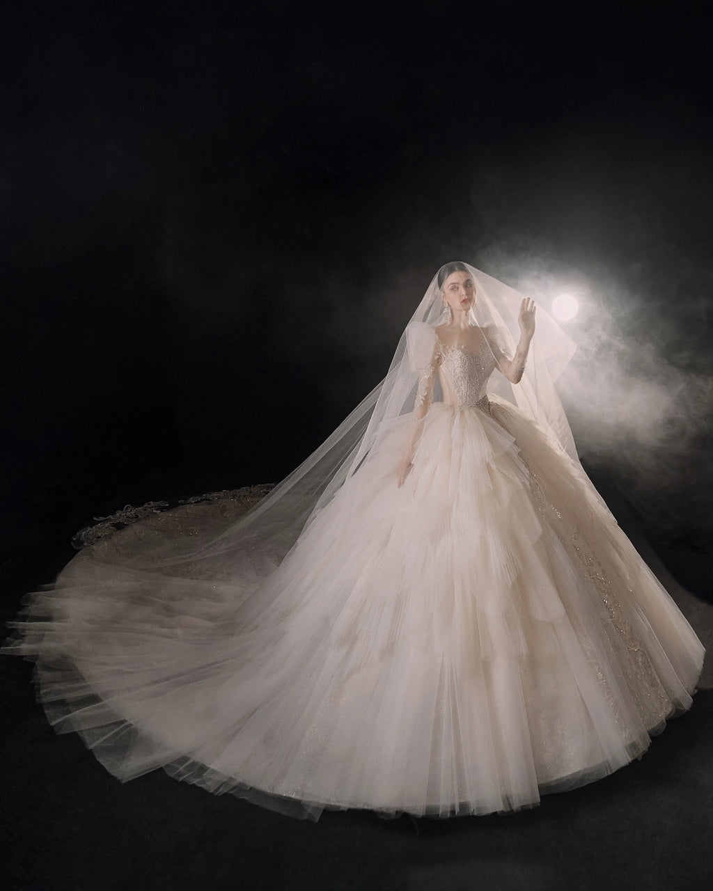 Magnificent Off-the-Shoulder Ball Gown Sweetheart Neckline Tulle Puff Sleeve Beaded Lace Long-Sleeve Wedding Dress with Layered Train E-301 by ZAPDRESS