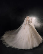 Magnificent Off-the-Shoulder Ball Gown Sweetheart Neckline Tulle Puff Sleeve Beaded Lace Long-Sleeve Wedding Dress with Layered Train E-301 by ZAPDRESS