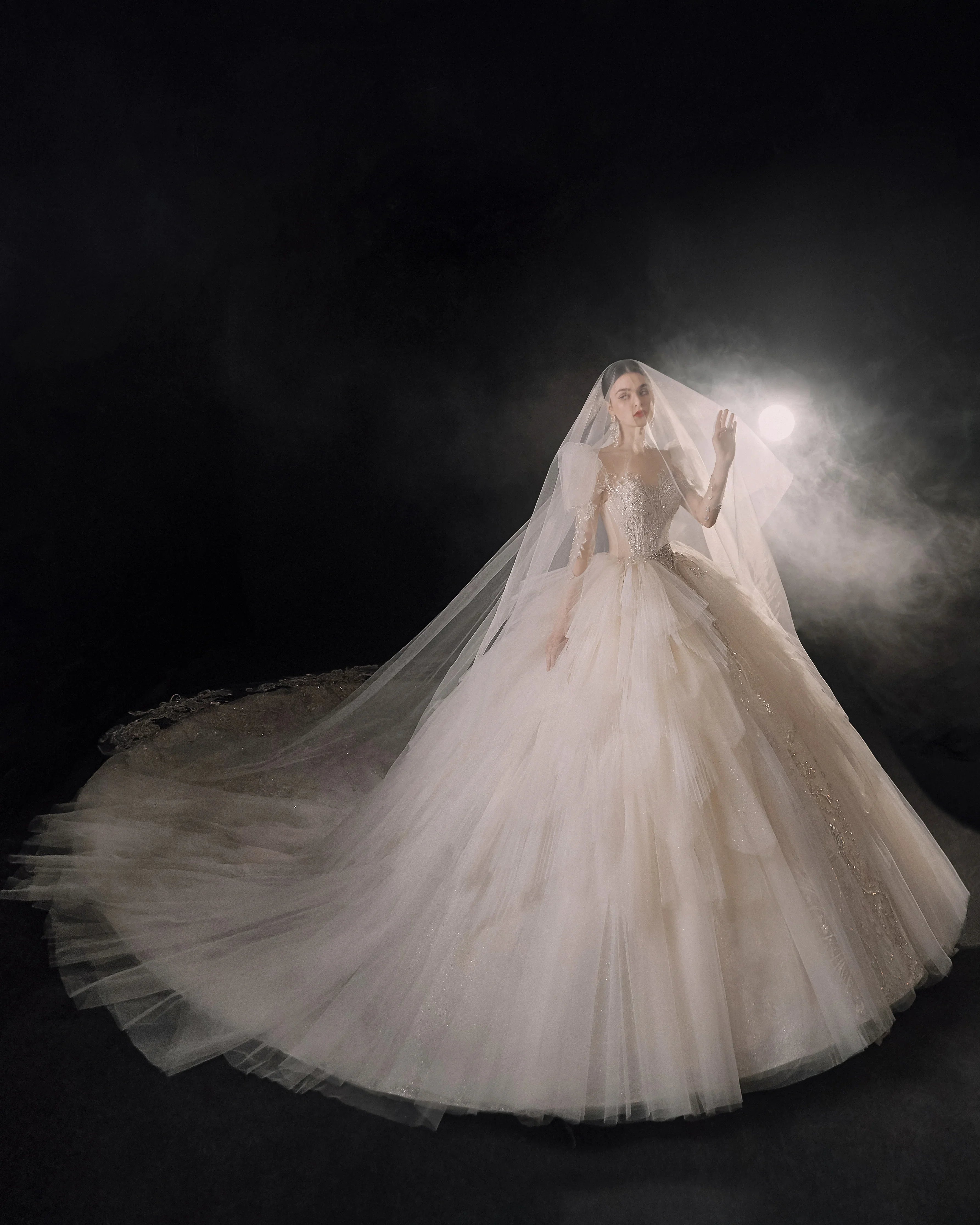 Magnificent Off-the-Shoulder Ball Gown Sweetheart Neckline Tulle Puff Sleeve Beaded Lace Long-Sleeve Wedding Dress with Layered Train E-301 by ZAPDRESS