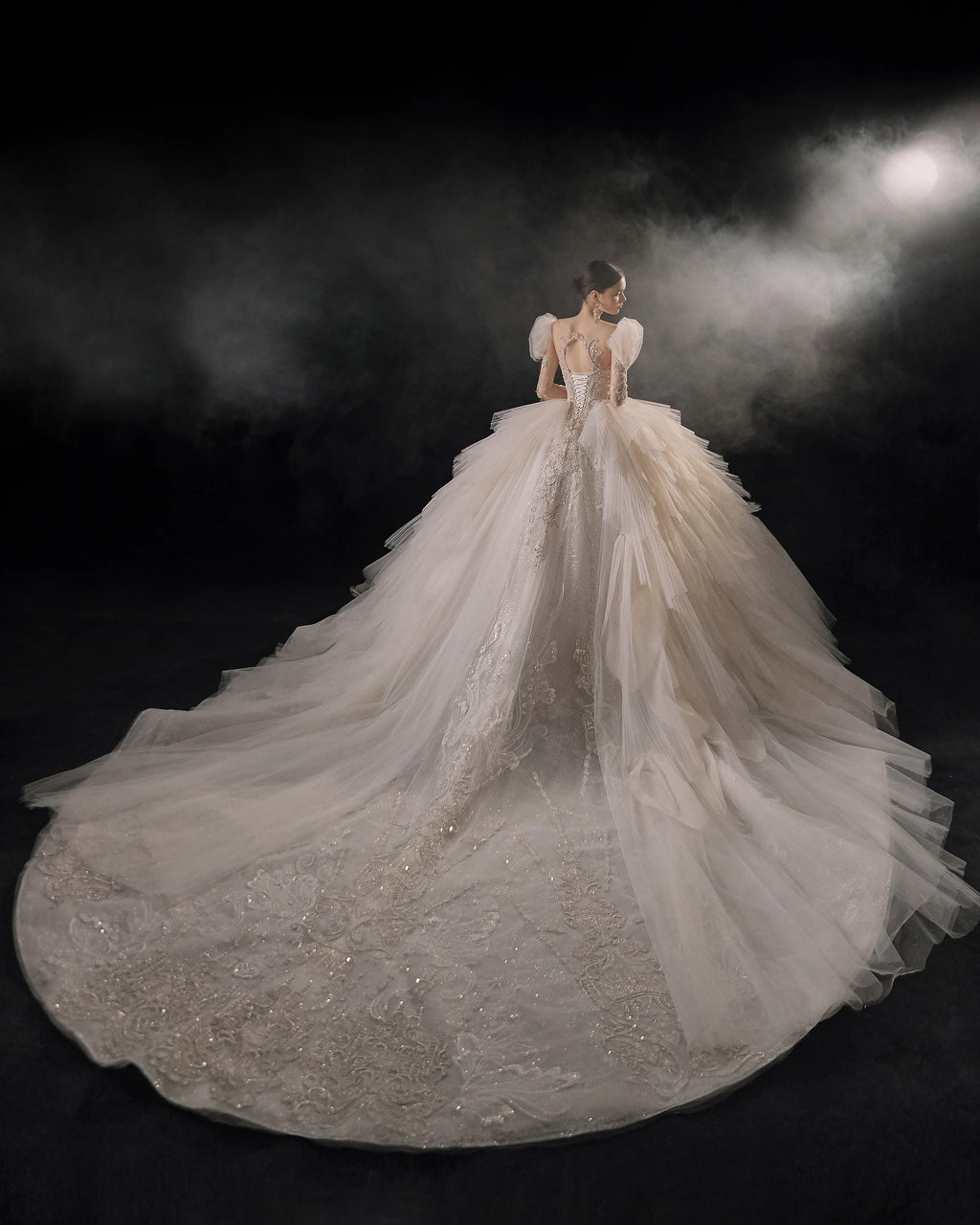 Magnificent Off-the-Shoulder Ball Gown Sweetheart Neckline Tulle Puff Sleeve Beaded Lace Long-Sleeve Wedding Dress with Layered Train E-301 by ZAPDRESS