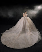 Magnificent Off-the-Shoulder Ball Gown Sweetheart Neckline Tulle Puff Sleeve Beaded Lace Long-Sleeve Wedding Dress with Layered Train E-301 by ZAPDRESS
