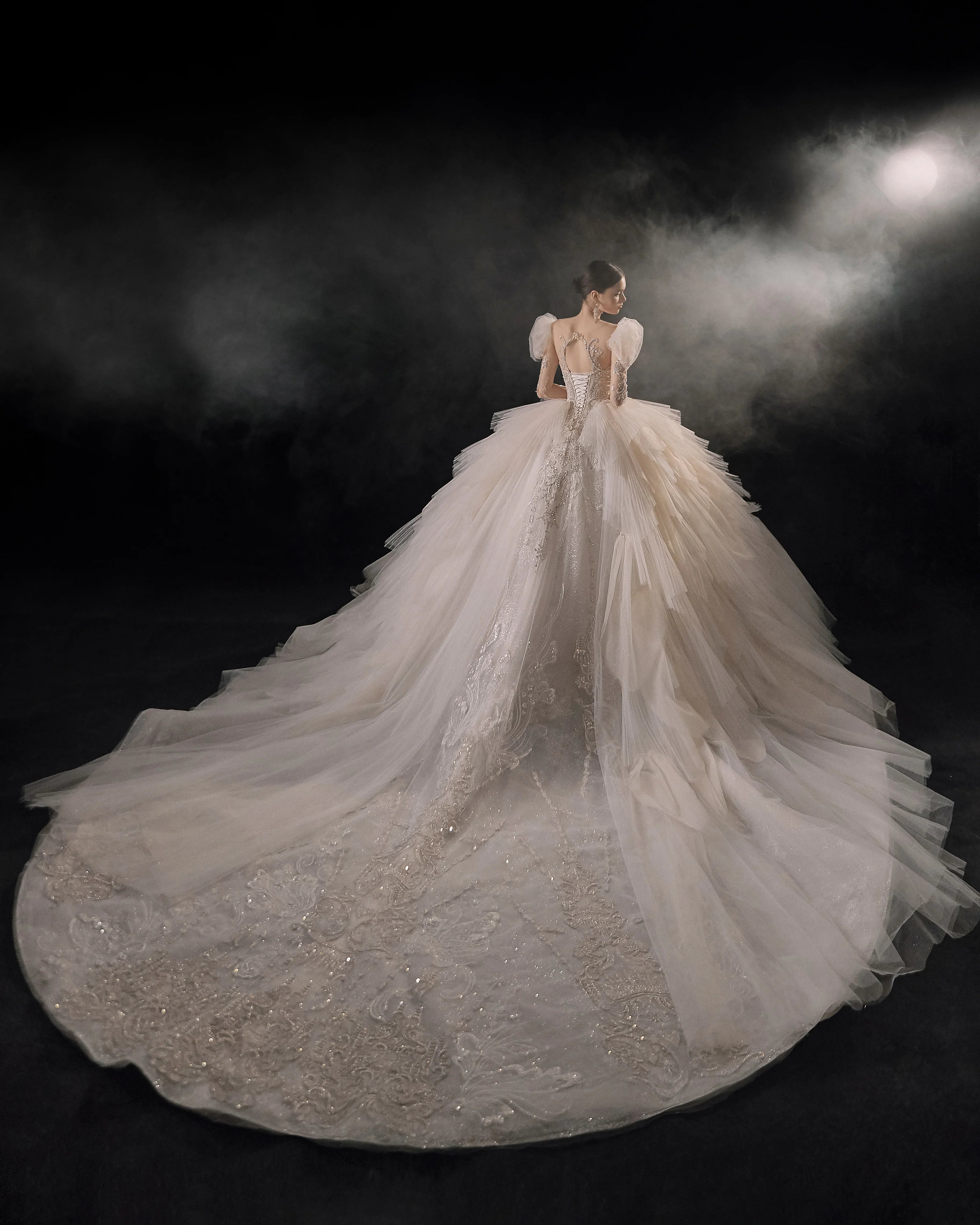 Magnificent Off-the-Shoulder Ball Gown Sweetheart Neckline Tulle Puff Sleeve Beaded Lace Long-Sleeve Wedding Dress with Layered Train E-301 by ZAPDRESS