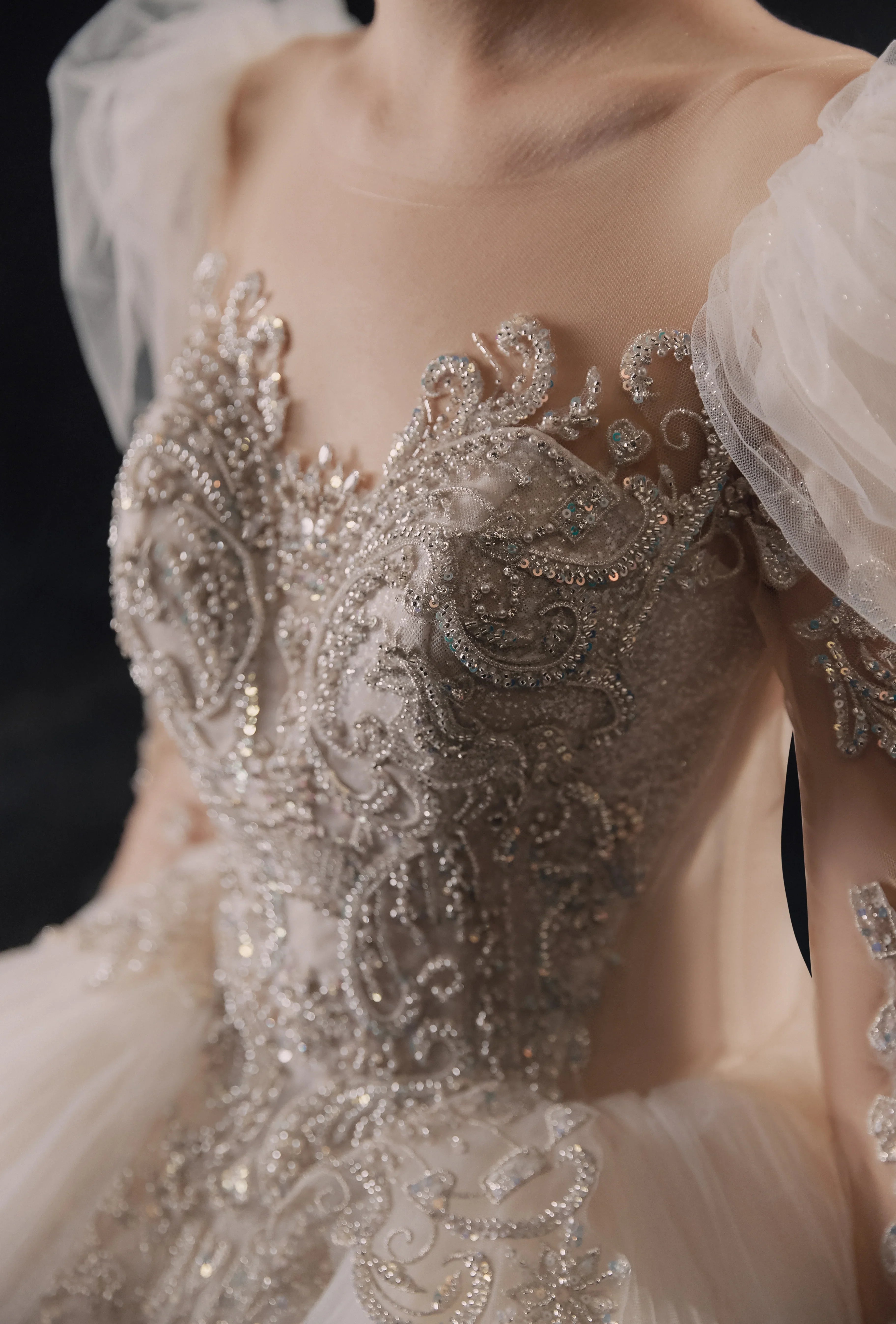 Magnificent Off-the-Shoulder Ball Gown Sweetheart Neckline Tulle Puff Sleeve Beaded Lace Long-Sleeve Wedding Dress with Layered Train E-301 by ZAPDRESS