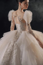 Magnificent Off-the-Shoulder Ball Gown Sweetheart Neckline Tulle Puff Sleeve Beaded Lace Long-Sleeve Wedding Dress with Layered Train E-301 by ZAPDRESS