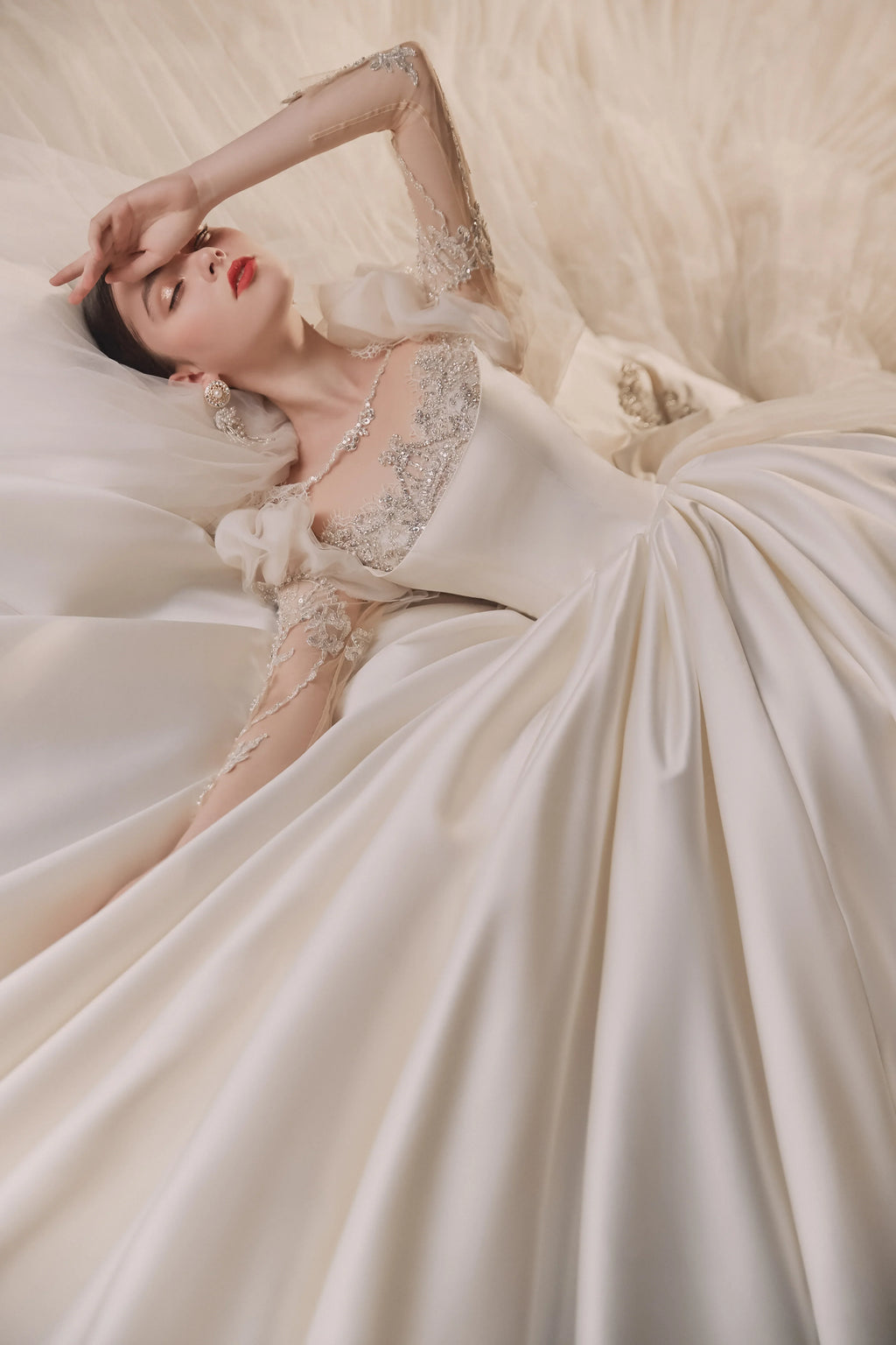 Regal Ball Gown Illusion Neckline Tulle Puff Sleeve Beaded Lace Wedding Dress with Oversized Bow Train E-304 by ZAPDRESS