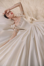 Regal Ball Gown Illusion Neckline Tulle Puff Sleeve Beaded Lace Wedding Dress with Oversized Bow Train E-304 by ZAPDRESS