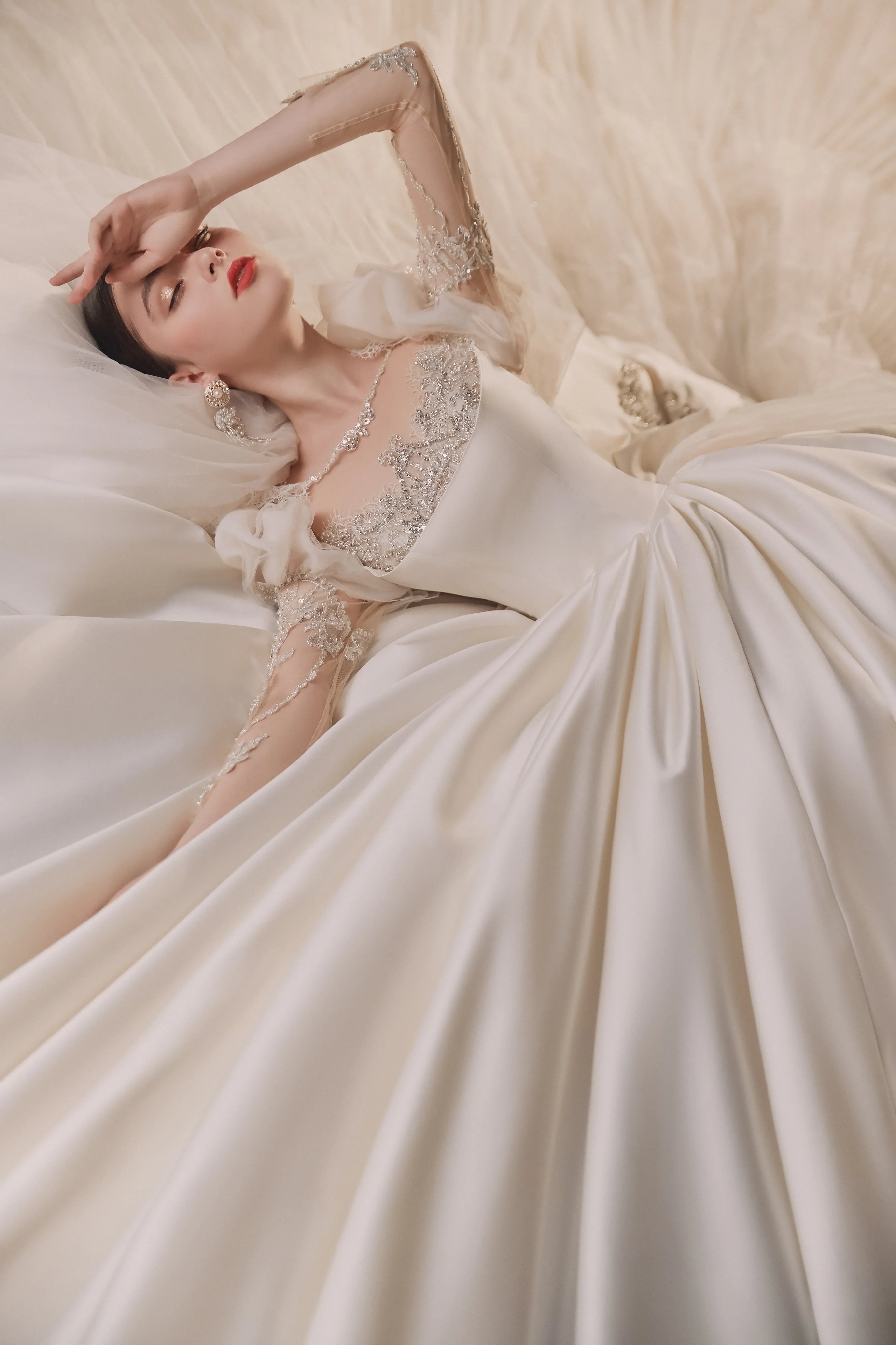 Regal Ball Gown Illusion Neckline Tulle Puff Sleeve Beaded Lace Wedding Dress with Oversized Bow Train E-304 by ZAPDRESS