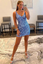 Chic V Neck Open Back Sequins Short Homecoming Dresses by Ombreprom