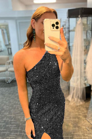 Aurelia | Langes Ballkleid mit glitzernden schwarzen Pailletten und Schlitz