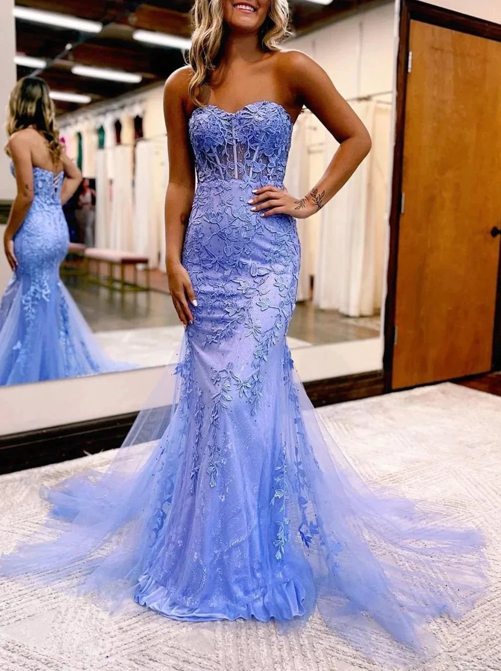 Pink Mermaid Sweetheart Neck Lace Long Prom Dress With Appliques by KissProm