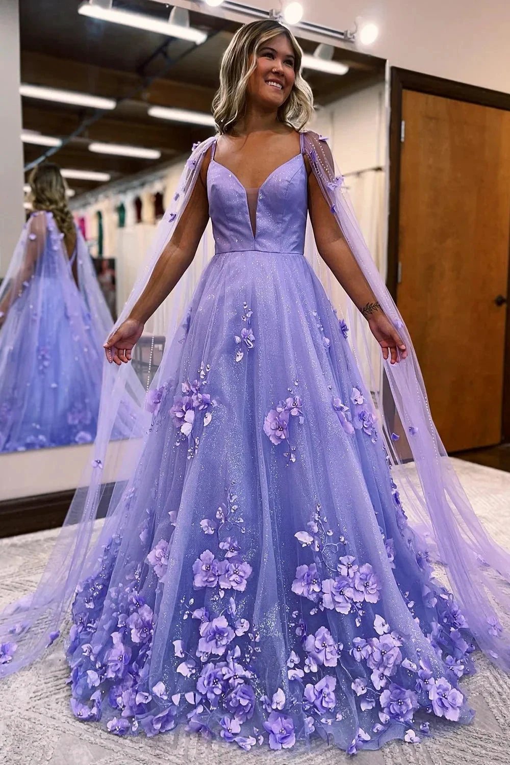 Lavender 3D Floral Lace A-Line Prom Dress with Cape Sleeves by KissProm