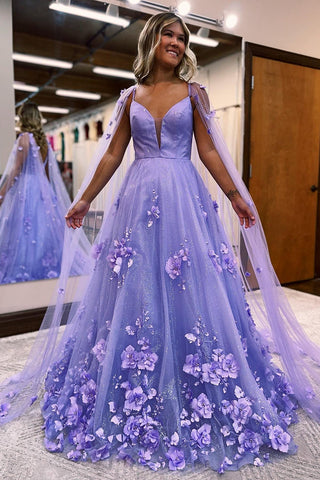 Lavendelfarbenes A-Linien-Ballkleid aus 3D-Blumenspitze mit Cape-Ärmeln 