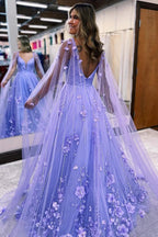 Lavender 3D Floral Lace A-Line Prom Dress with Cape Sleeves by KissProm