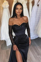 Black Long Off the Shoulder Sweetheart Satin Front Slit Prom Dress with Sleeves by BIZTUNNEL