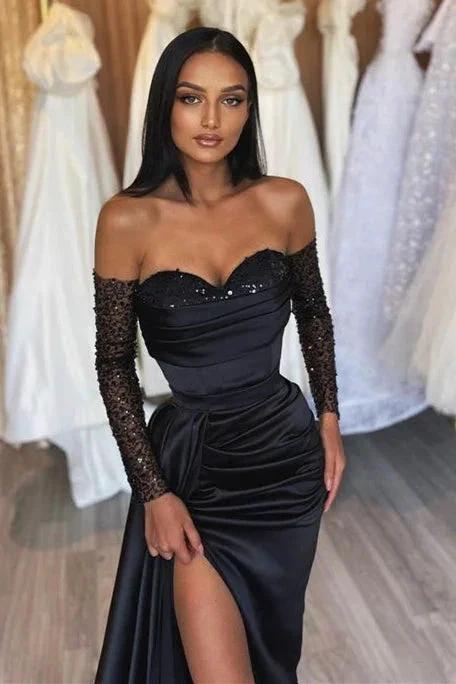 Black Long Off the Shoulder Sweetheart Satin Front Slit Prom Dress with Sleeves by BIZTUNNEL