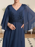 A-line V-Neck Tea-Length Chiffon Lace Mother of the Bride Dress With Beading Sequins by Dreamylily