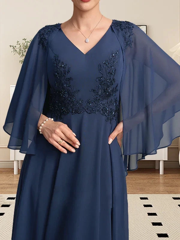 A-line V-Neck Tea-Length Chiffon Lace Mother of the Bride Dress With Beading Sequins by Dreamylily