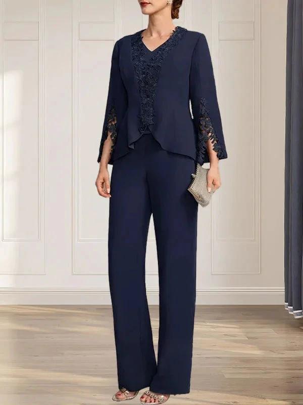 Separates Jumpsuit/Pantsuit V-Neck Floor-Length Chiffon Mother of the Bride Dress by Dreamylily
