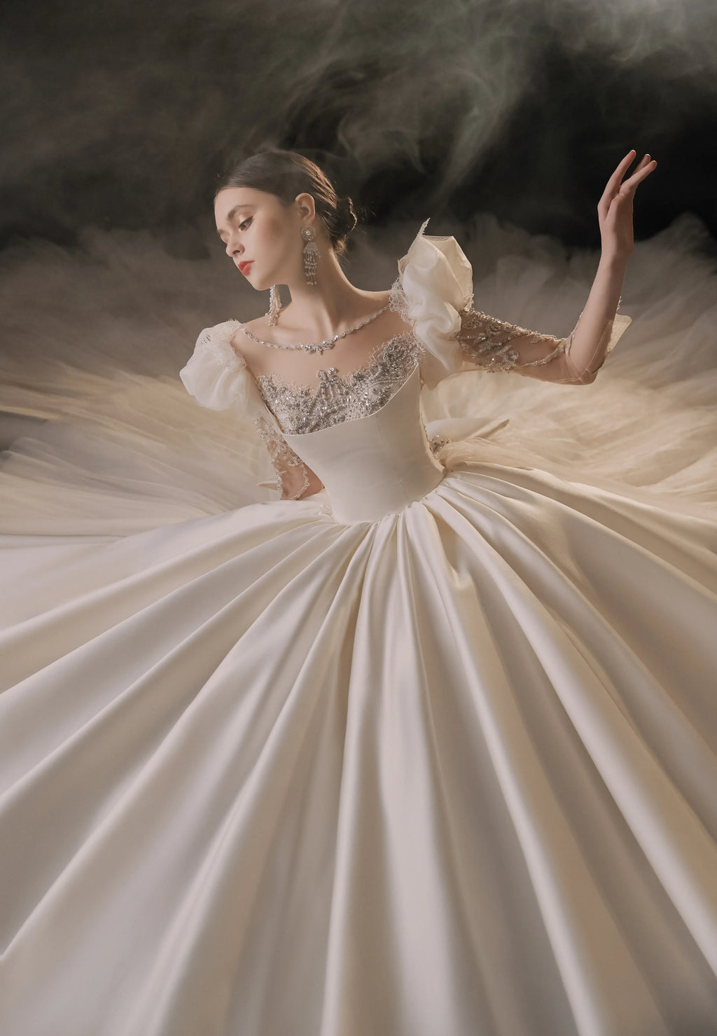 Regal Ball Gown Illusion Neckline Tulle Puff Sleeve Beaded Lace Wedding Dress with Oversized Bow Train E-304 by ZAPDRESS