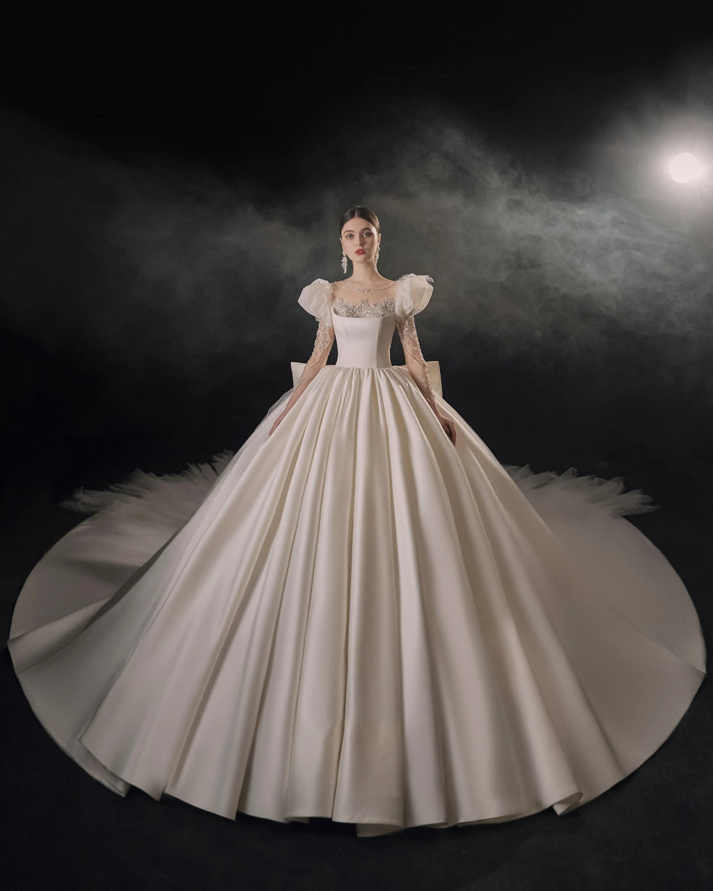 Regal Ball Gown Illusion Neckline Tulle Puff Sleeve Beaded Lace Wedding Dress with Oversized Bow Train E-304 by ZAPDRESS