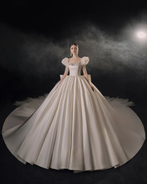 Regal Ball Gown Illusion Neckline Tulle Puff Sleeve Beaded Lace Wedding Dress with Oversized Bow Train E-304 by ZAPDRESS